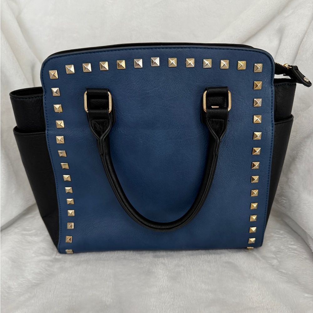 Black Rivet color block Blue and Black  Stud Purse, Structured Handbag EUC
